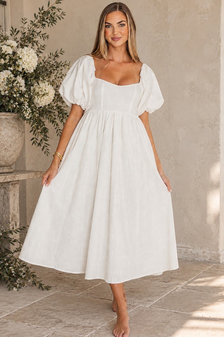 Worth Collective Off White Hamilton Midi Dress Puff Sleeve Linen Blend Size S